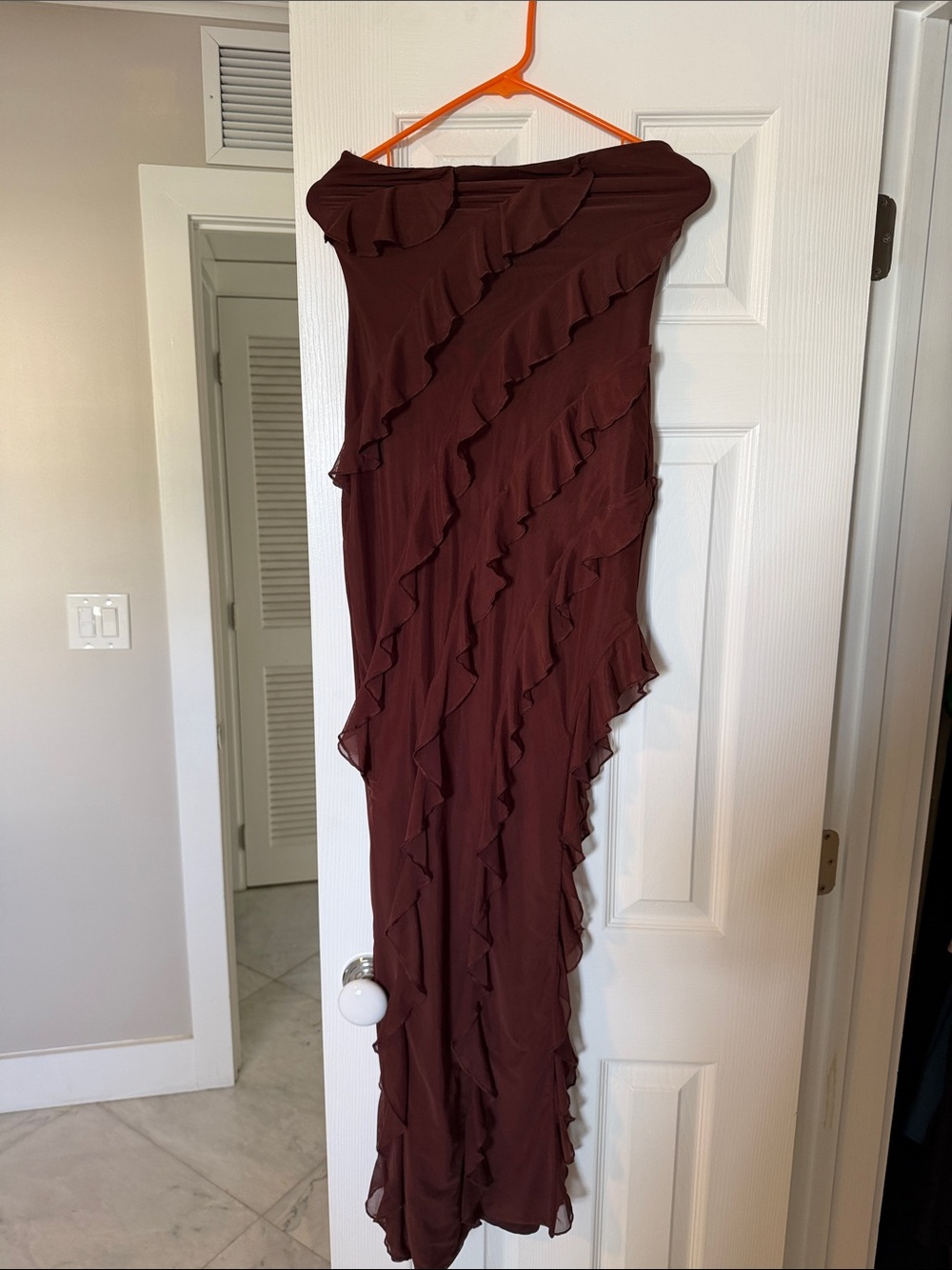 Oh Polly One-Shoulder Ruffled Maxi Dress in Brown